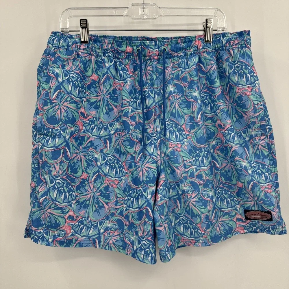 Vineyard Vines‎ Blue Floral Turtle Swim Trunks Board Shorts Size L Preppy Beach